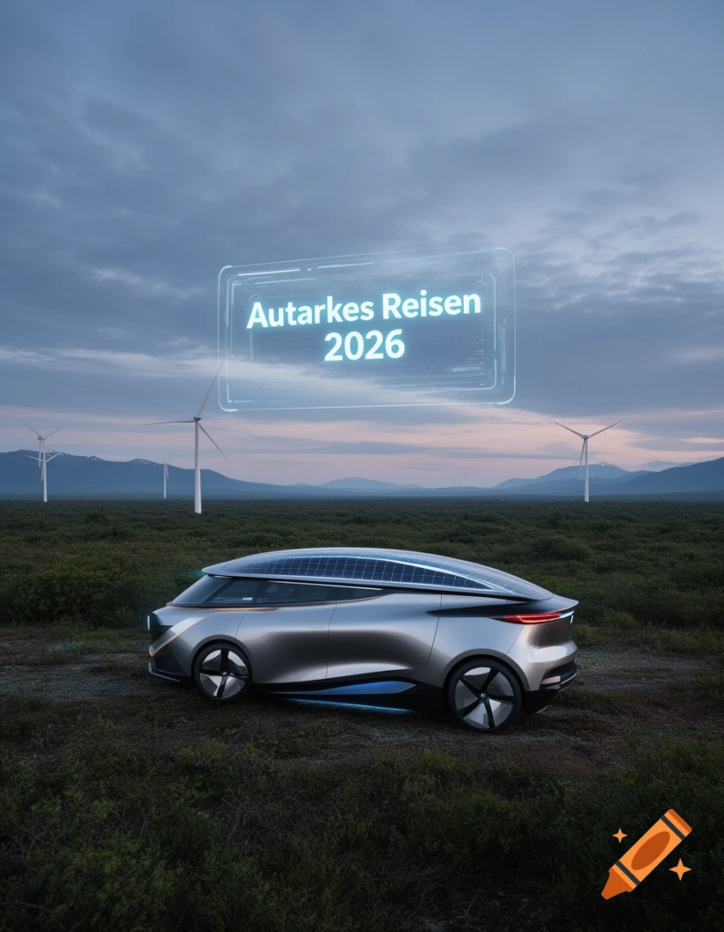 Ein moderner Camper mit Solarpanels auf dem Dach steht autark in einer einsamen Berglandschaft als Symbol für Reisetrends 2026.